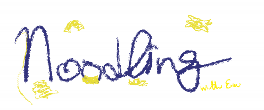 The word "Noodling" is in dark blue with the words "with Em" in yellow after the g. It is illustrated with types of noodles around it ranging from bowtie to macaroni to ravioli to angel hair to rotini. Yum!
